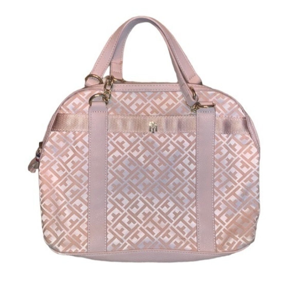 Tommy Hilfiger Satchel Nude and Ivory Canvas and Leather Ladies Bag Medium Size